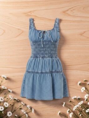 Habitual Smocked Denim Tiered Mini Dress with Tie Front Size M